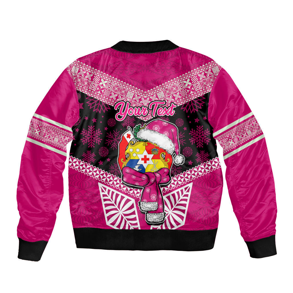 Personalised Tonga Christmas Bomber Jacket Tongan Coat of Arms Santa With Ngatu Pattern Christmas Pink Style LT03 - Polynesian Pride