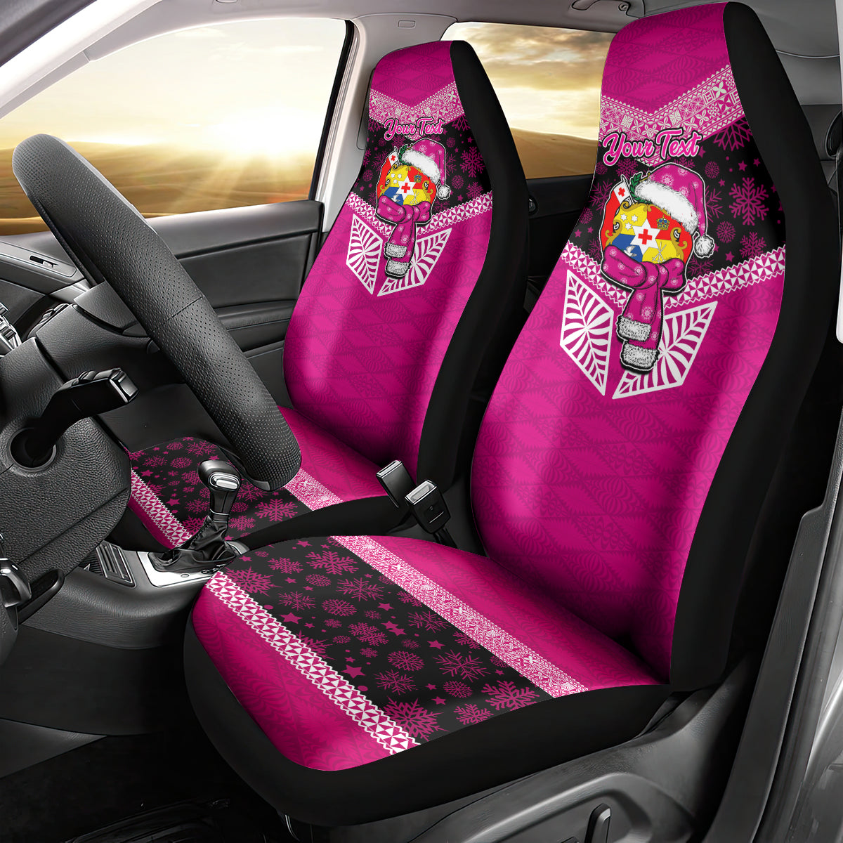 Personalised Tonga Christmas Car Seat Cover Tongan Coat of Arms Santa With Ngatu Pattern Christmas Pink Style LT03 - Polynesian Pride