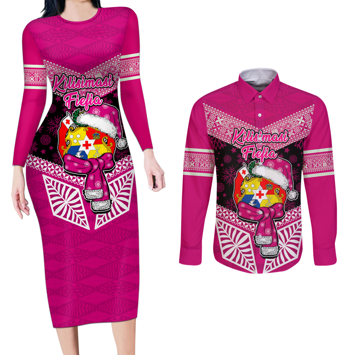 Personalised Tonga Christmas Couples Matching Long Sleeve Bodycon Dress and Long Sleeve Button Shirts Tongan Coat of Arms Santa With Ngatu Pattern Christmas Pink Style LT03 Pink - Polynesian Pride