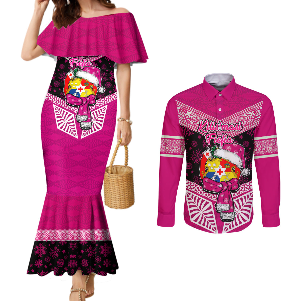 Personalised Tonga Christmas Couples Matching Mermaid Dress and Long Sleeve Button Shirts Tongan Coat of Arms Santa With Ngatu Pattern Christmas Pink Style LT03 Pink - Polynesian Pride