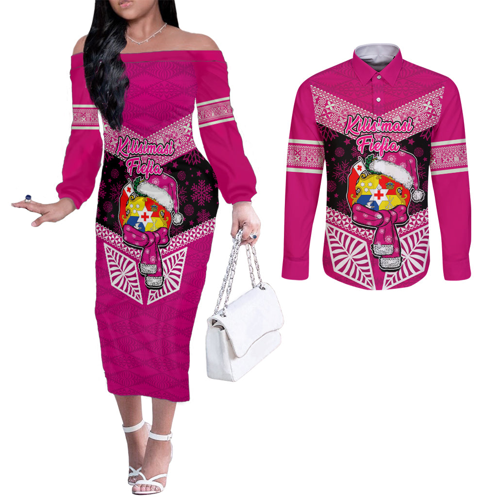 Personalised Tonga Christmas Couples Matching Off The Shoulder Long Sleeve Dress and Long Sleeve Button Shirts Tongan Coat of Arms Santa With Ngatu Pattern Christmas Pink Style LT03 Pink - Polynesian Pride