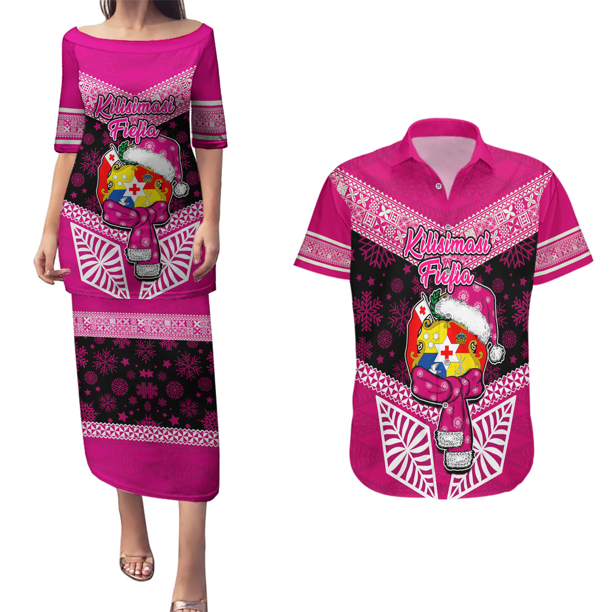 Personalised Tonga Christmas Couples Matching Puletasi Dress and Hawaiian Shirt Tongan Coat of Arms Santa With Ngatu Pattern Christmas Pink Style LT03 Pink - Polynesian Pride