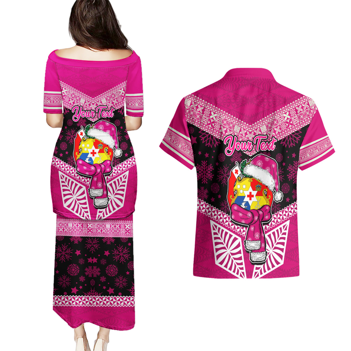 Personalised Tonga Christmas Couples Matching Puletasi Dress and Hawaiian Shirt Tongan Coat of Arms Santa With Ngatu Pattern Christmas Pink Style LT03 - Polynesian Pride
