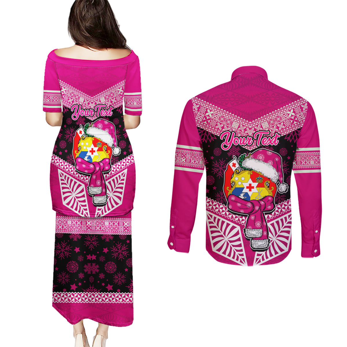Personalised Tonga Christmas Couples Matching Puletasi Dress and Long Sleeve Button Shirts Tongan Coat of Arms Santa With Ngatu Pattern Christmas Pink Style LT03 - Polynesian Pride