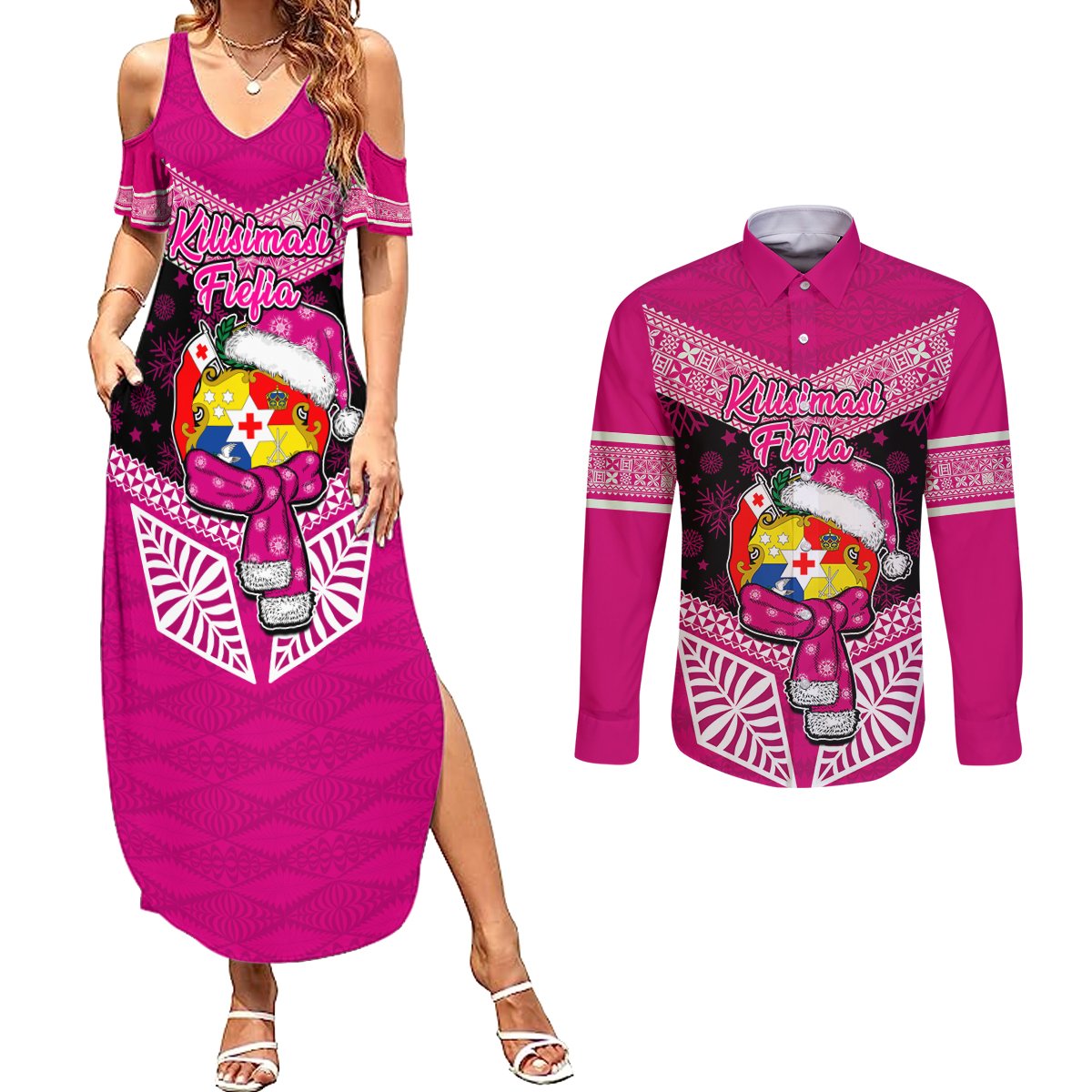 Personalised Tonga Christmas Couples Matching Summer Maxi Dress and Long Sleeve Button Shirts Tongan Coat of Arms Santa With Ngatu Pattern Christmas Pink Style LT03 Pink - Polynesian Pride