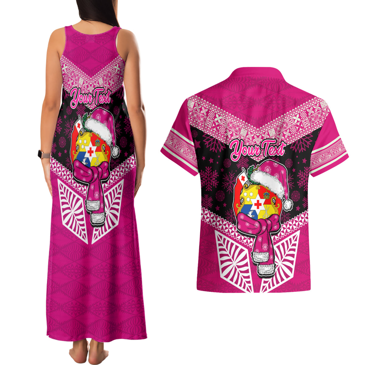 Personalised Tonga Christmas Couples Matching Tank Maxi Dress and Hawaiian Shirt Tongan Coat of Arms Santa With Ngatu Pattern Christmas Pink Style LT03 - Polynesian Pride