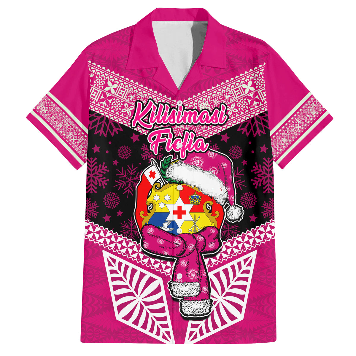 Personalised Tonga Christmas Family Matching Puletasi Dress and Hawaiian Shirt Tongan Coat of Arms Santa With Ngatu Pattern Christmas Pink Style LT03 Dad's Shirt - Short Sleeve Pink - Polynesian Pride