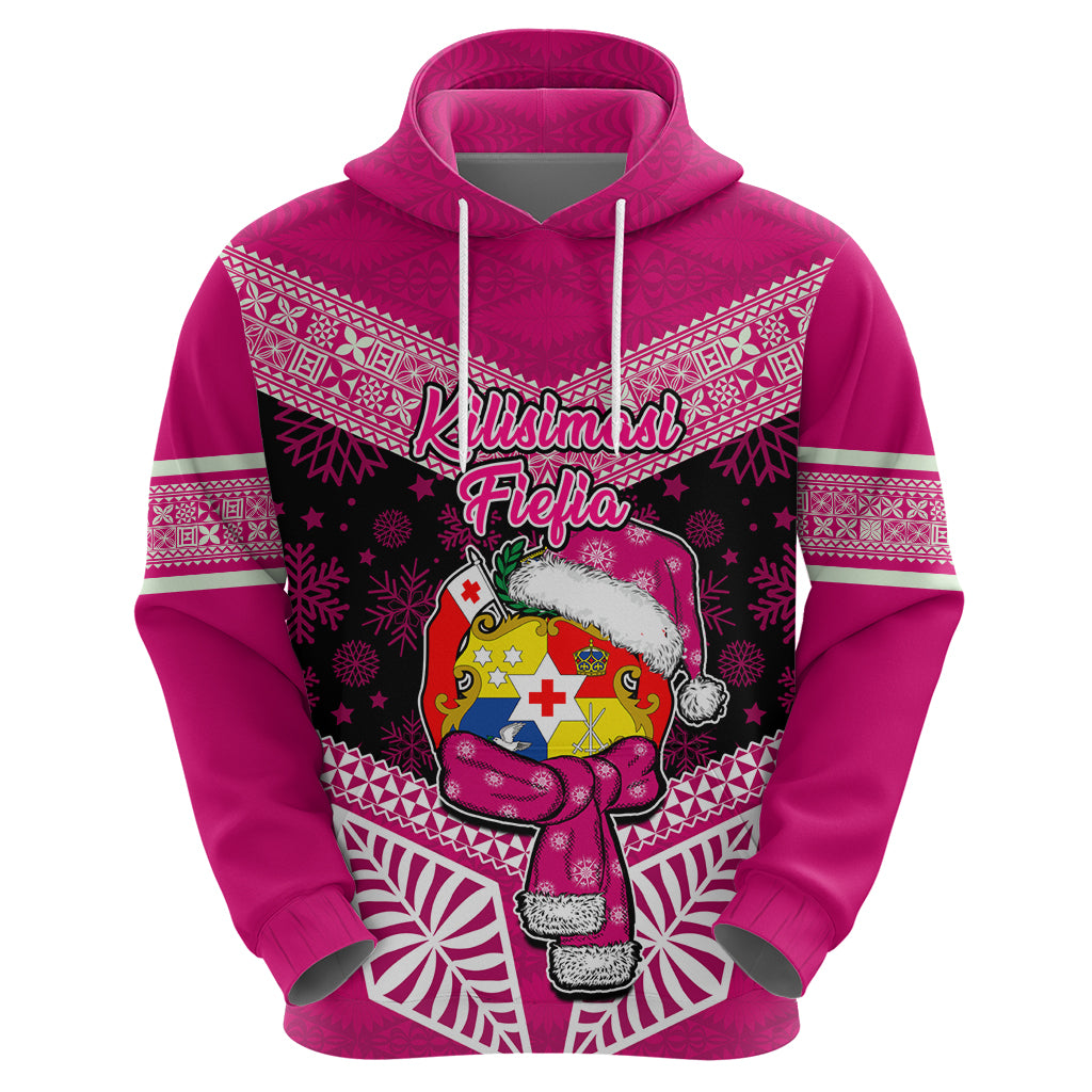 Personalised Tonga Christmas Hoodie Tongan Coat of Arms Santa With Ngatu Pattern Christmas Pink Style LT03 - Polynesian Pride