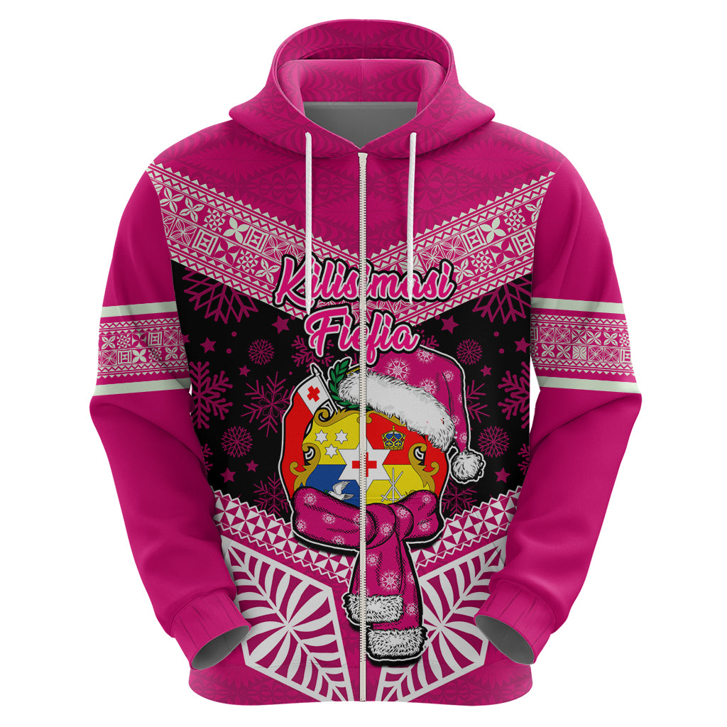 Personalised Tonga Christmas Hoodie Tongan Coat of Arms Santa With Ngatu Pattern Christmas Pink Style LT03 - Polynesian Pride