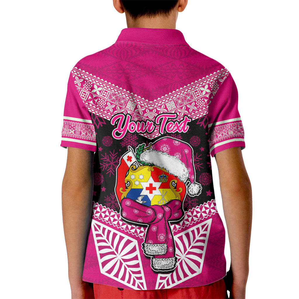 Personalised Tonga Christmas Kid Polo Shirt Tongan Coat of Arms Santa With Ngatu Pattern Christmas Pink Style LT03 - Polynesian Pride