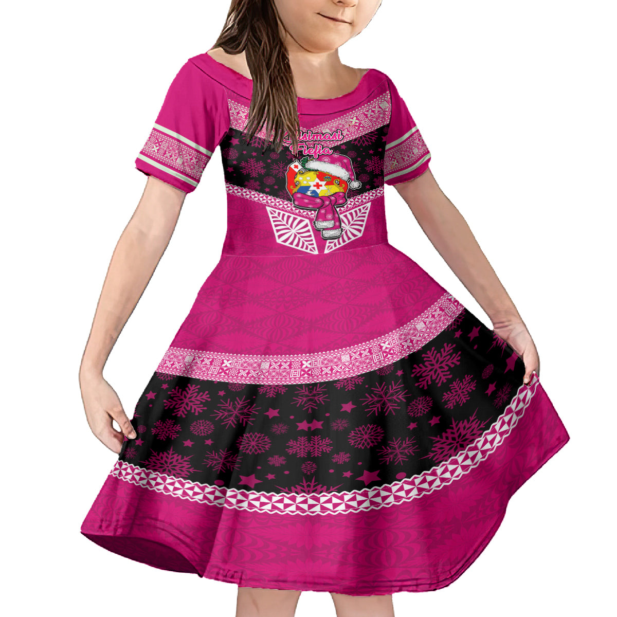 Personalised Tonga Christmas Kid Short Sleeve Dress Tongan Coat of Arms Santa With Ngatu Pattern Christmas Pink Style LT03 KID Pink - Polynesian Pride