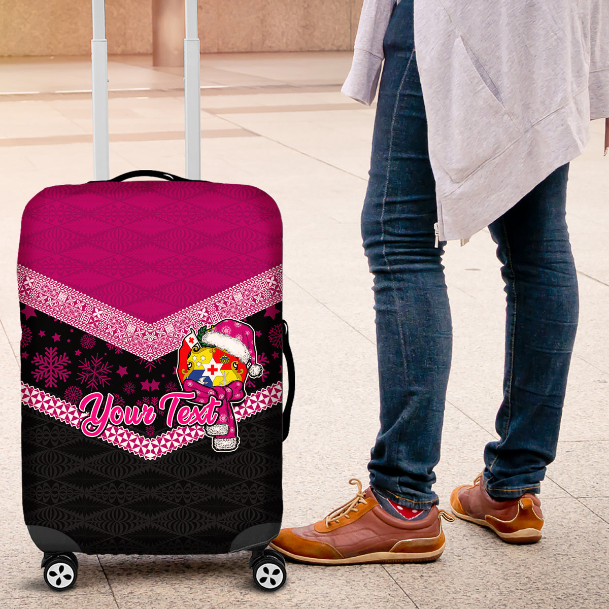 Personalised Tonga Christmas Luggage Cover Tongan Coat of Arms Santa With Ngatu Pattern Christmas Pink Style LT03 Pink - Polynesian Pride