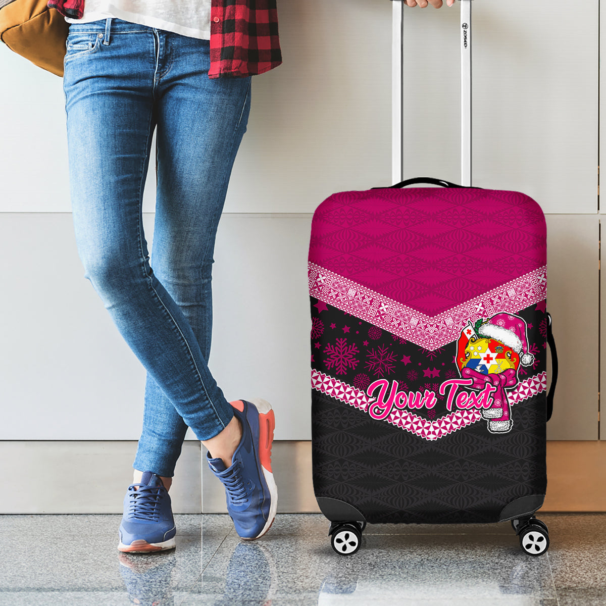 Personalised Tonga Christmas Luggage Cover Tongan Coat of Arms Santa With Ngatu Pattern Christmas Pink Style LT03 - Polynesian Pride