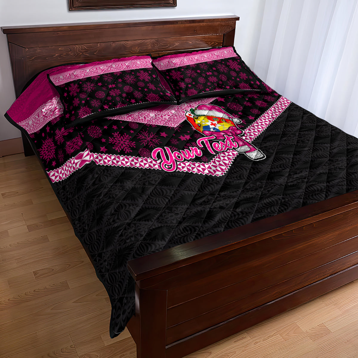 Personalised Tonga Christmas Quilt Bed Set Tongan Coat of Arms Santa With Ngatu Pattern Christmas Pink Style LT03 - Polynesian Pride
