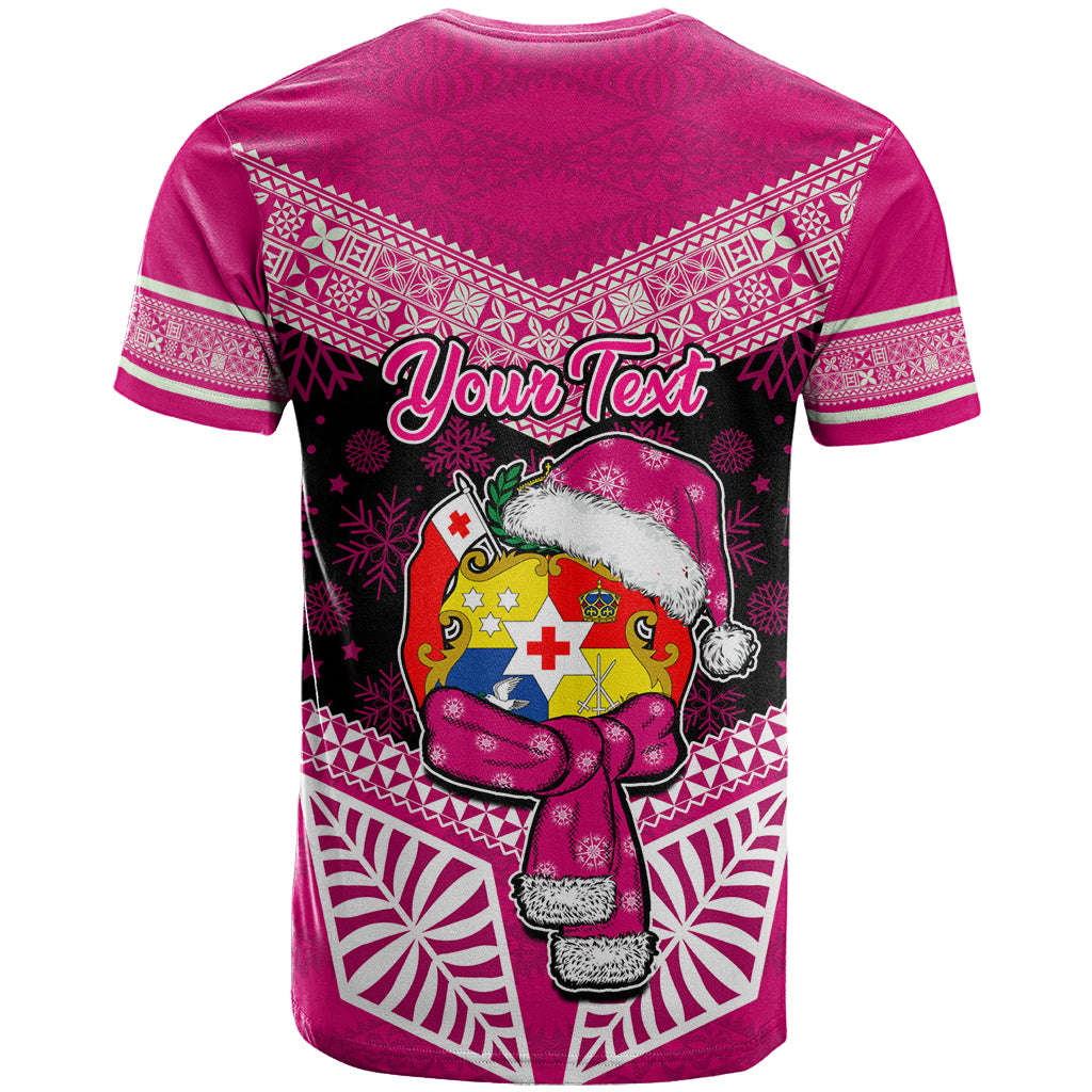 Personalised Tonga Christmas T Shirt Tongan Coat of Arms Santa With Ngatu Pattern Christmas Pink Style LT03 - Polynesian Pride