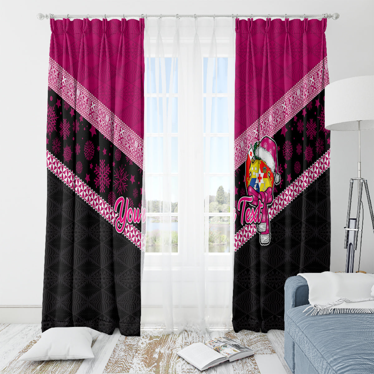 Personalised Tonga Christmas Window Curtain Tongan Coat of Arms Santa With Ngatu Pattern Christmas Pink Style LT03 - Polynesian Pride