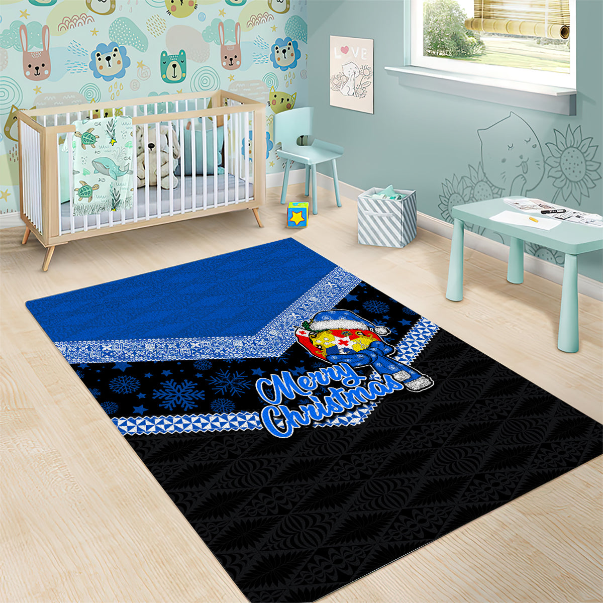 Tonga Christmas Area Rug Tongan Coat of Arms Santa With Ngatu Pattern Christmas Blue Style LT03 - Polynesian Pride
