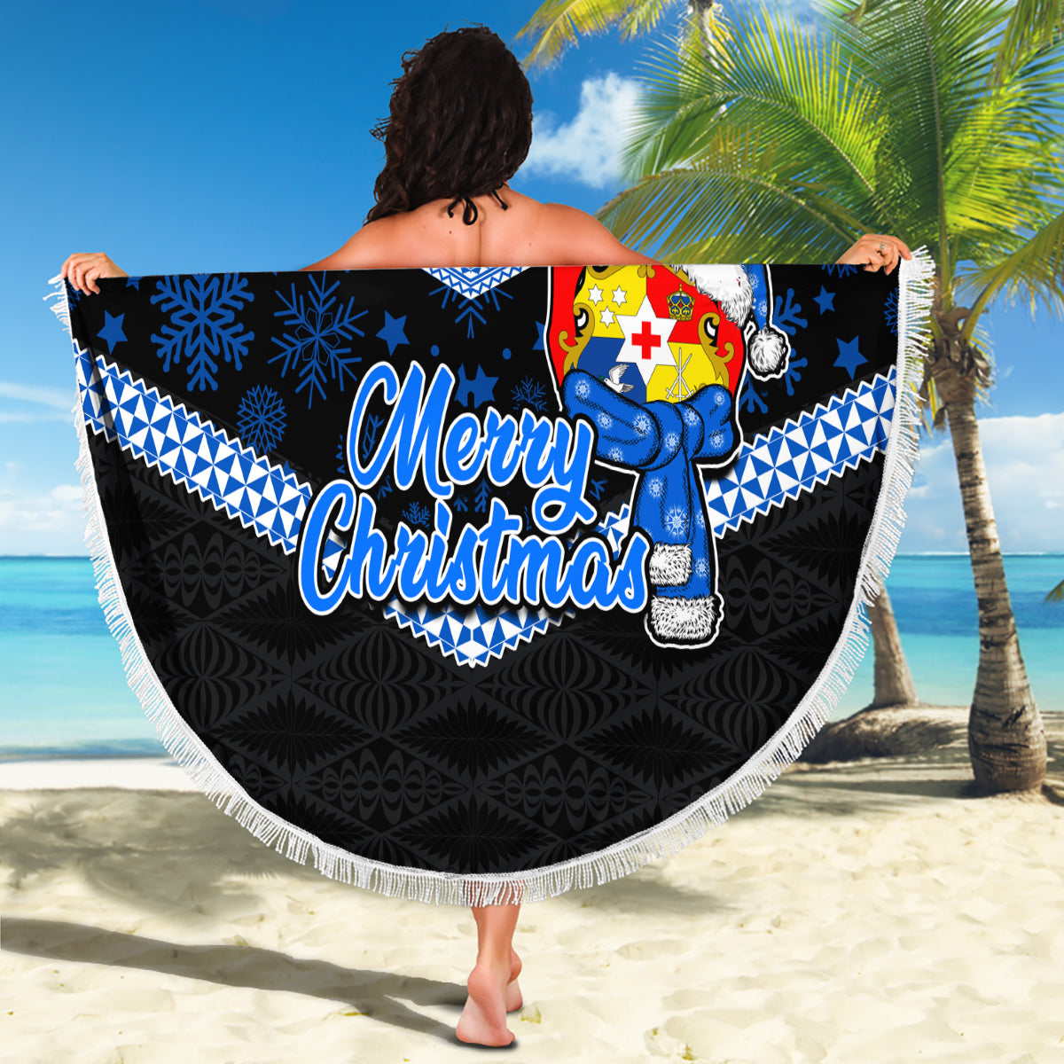 Tonga Christmas Beach Blanket Tongan Coat of Arms Santa With Ngatu Pattern Christmas Blue Style LT03 - Wonder Print Shop