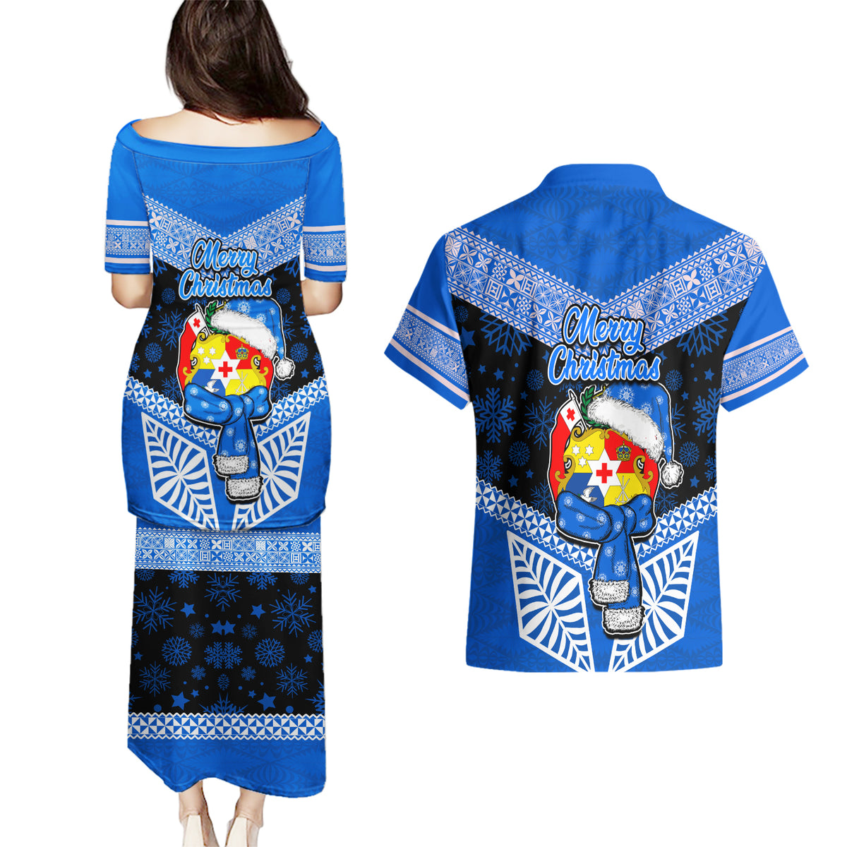 Tonga Christmas Couples Matching Puletasi Dress and Hawaiian Shirt Tongan Coat of Arms Santa With Ngatu Pattern Christmas Blue Style LT03 - Polynesian Pride