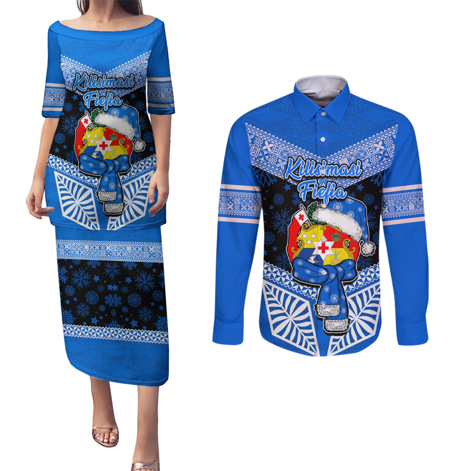 Tonga Christmas Couples Matching Puletasi Dress and Long Sleeve Button Shirts Tongan Coat of Arms Santa With Ngatu Pattern Christmas Blue Style LT03 Blue - Polynesian Pride