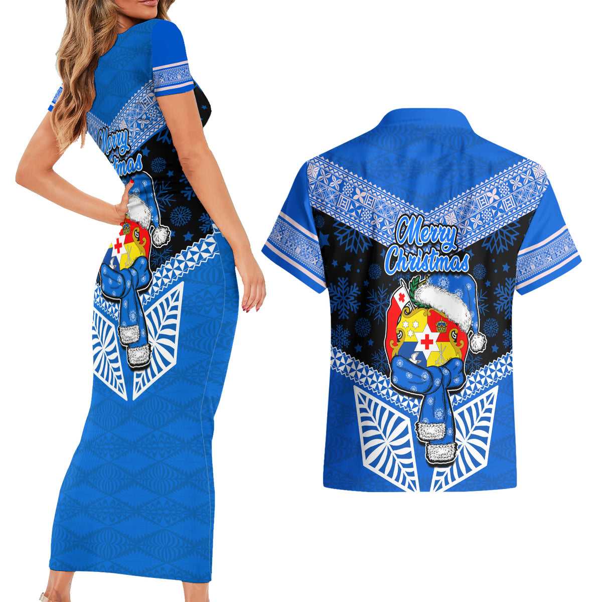 Tonga Christmas Couples Matching Short Sleeve Bodycon Dress and Hawaiian Shirt Tongan Coat of Arms Santa With Ngatu Pattern Christmas Blue Style LT03 - Polynesian Pride