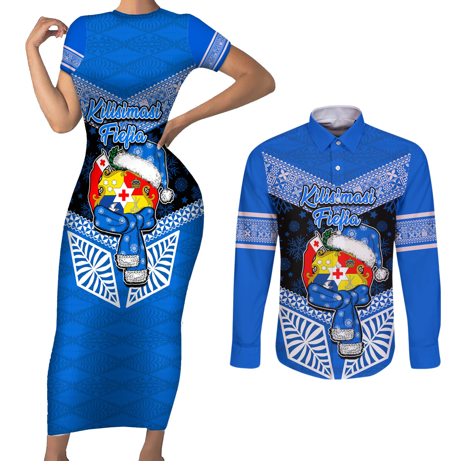 Tonga Christmas Couples Matching Short Sleeve Bodycon Dress and Long Sleeve Button Shirts Tongan Coat of Arms Santa With Ngatu Pattern Christmas Blue Style LT03 Blue - Polynesian Pride
