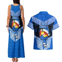 Tonga Christmas Couples Matching Tank Maxi Dress and Hawaiian Shirt Tongan Coat of Arms Santa With Ngatu Pattern Christmas Blue Style LT03 - Polynesian Pride