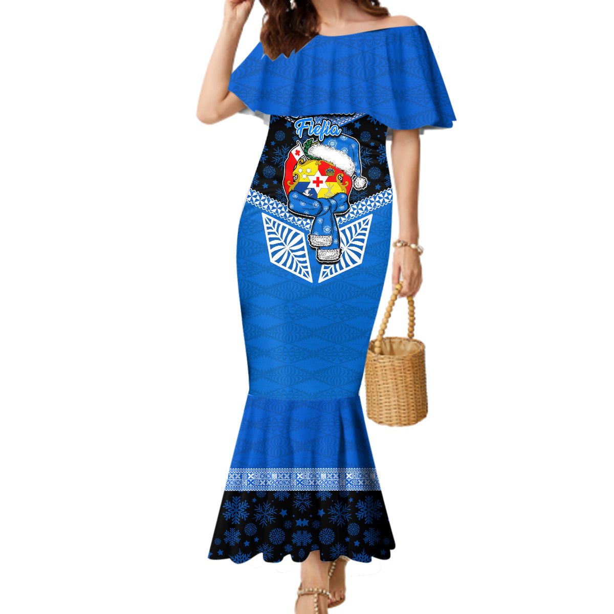 Tonga Christmas Family Matching Mermaid Dress and Hawaiian Shirt Tongan Coat of Arms Santa With Ngatu Pattern Christmas Blue Style LT03 Mom's Dress Blue - Polynesian Pride