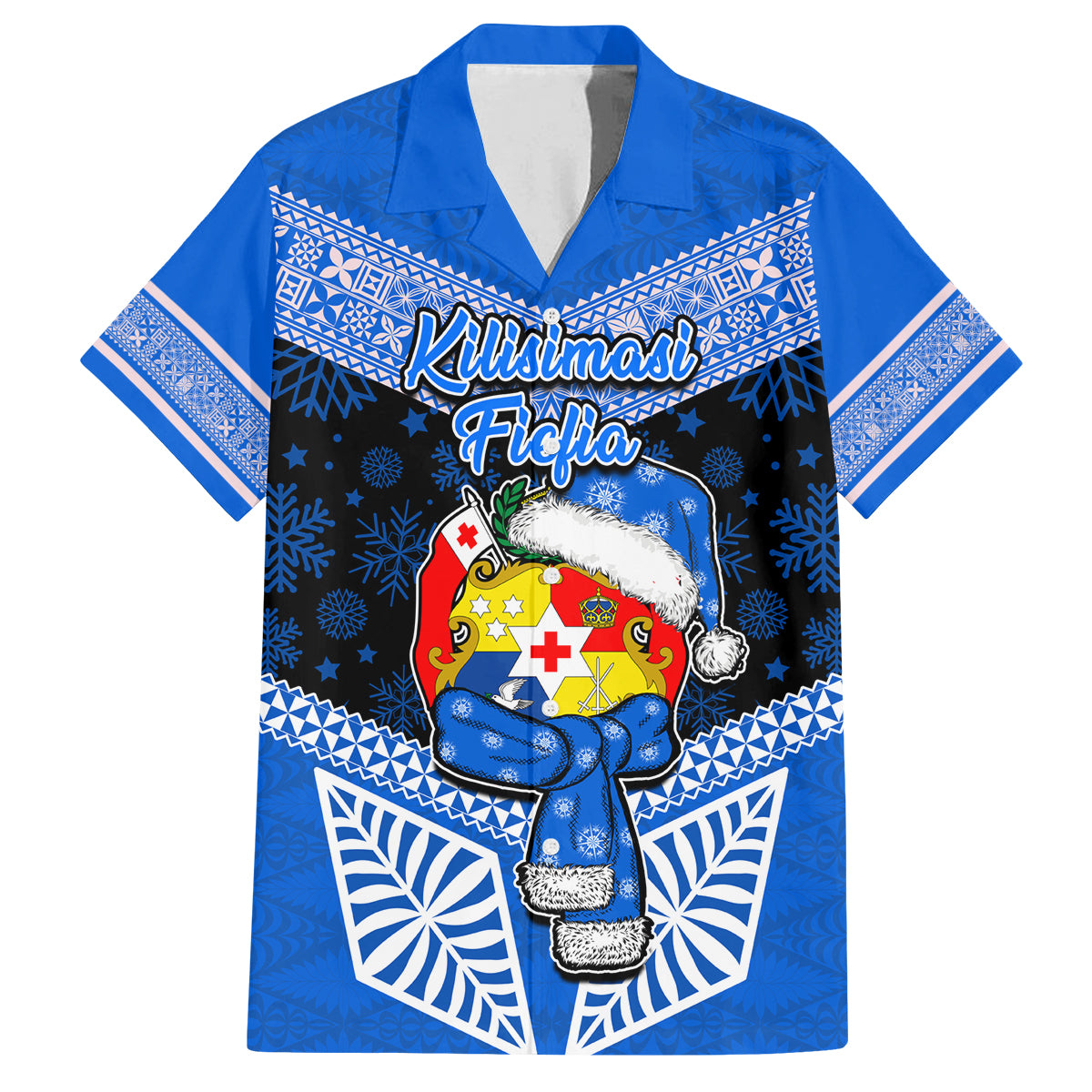 Tonga Christmas Family Matching Off Shoulder Long Sleeve Dress and Hawaiian Shirt Tongan Coat of Arms Santa With Ngatu Pattern Christmas Blue Style LT03 Dad's Shirt - Short Sleeve Blue - Polynesian Pride