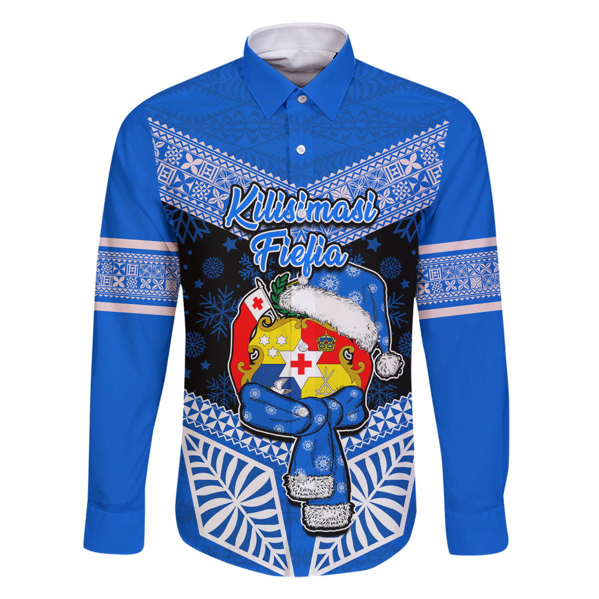Tonga Christmas Family Matching Off Shoulder Long Sleeve Dress and Hawaiian Shirt Tongan Coat of Arms Santa With Ngatu Pattern Christmas Blue Style LT03 Dad's Shirt - Long Sleeve Blue - Polynesian Pride