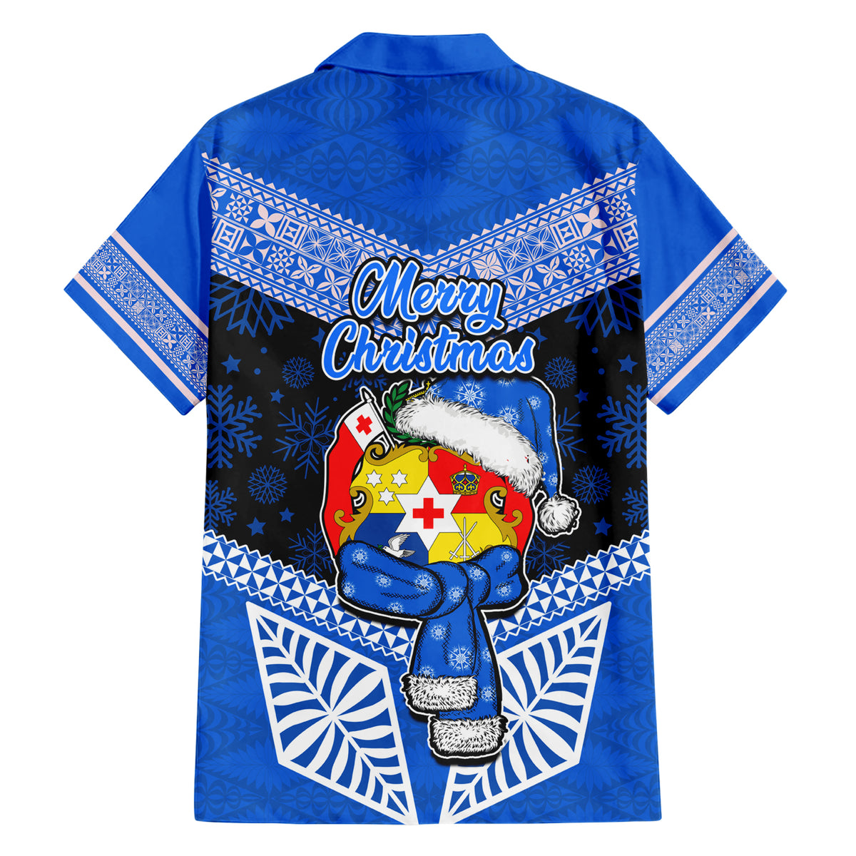 Tonga Christmas Family Matching Short Sleeve Bodycon Dress and Hawaiian Shirt Tongan Coat of Arms Santa With Ngatu Pattern Christmas Blue Style LT03 - Polynesian Pride