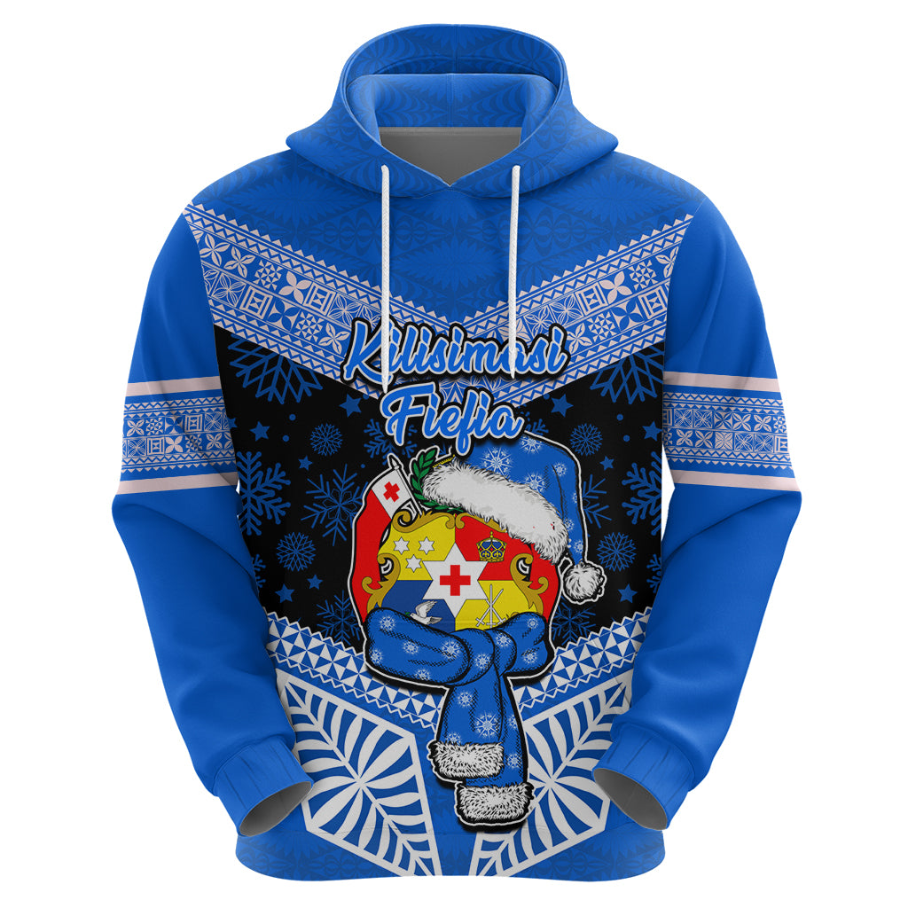 Tonga Christmas Hoodie Tongan Coat of Arms Santa With Ngatu Pattern Christmas Blue Style LT03 - Polynesian Pride