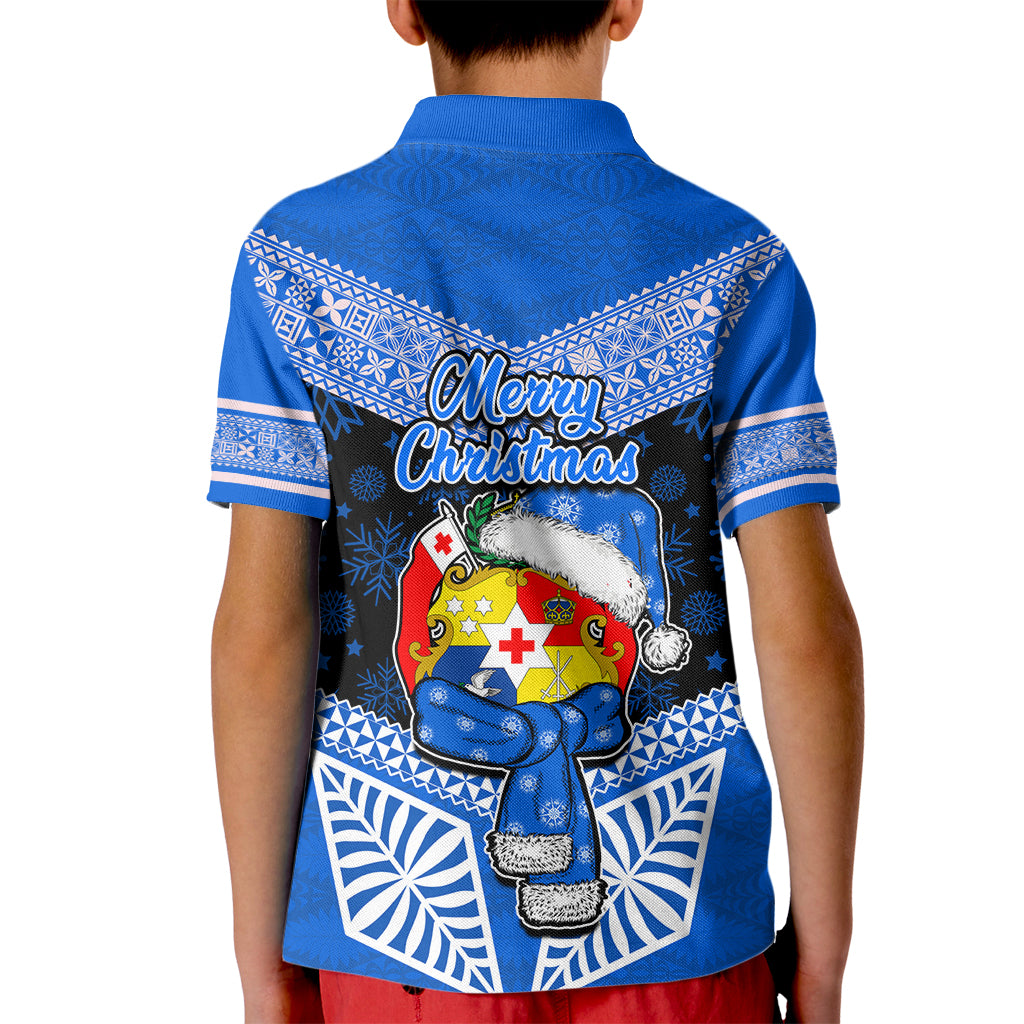 Tonga Christmas Kid Polo Shirt Tongan Coat of Arms Santa With Ngatu Pattern Christmas Blue Style LT03 - Polynesian Pride