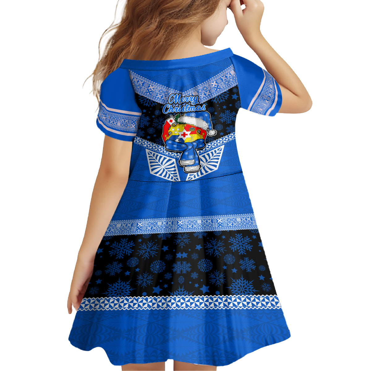 Tonga Christmas Kid Short Sleeve Dress Tongan Coat of Arms Santa With Ngatu Pattern Christmas Blue Style LT03 - Polynesian Pride