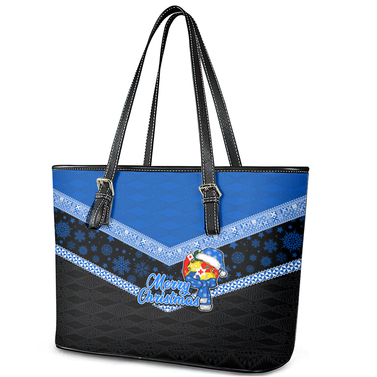 Tonga Christmas Leather Tote Bag Tongan Coat of Arms Santa With Ngatu Pattern Christmas Blue Style LT03 - Polynesian Pride
