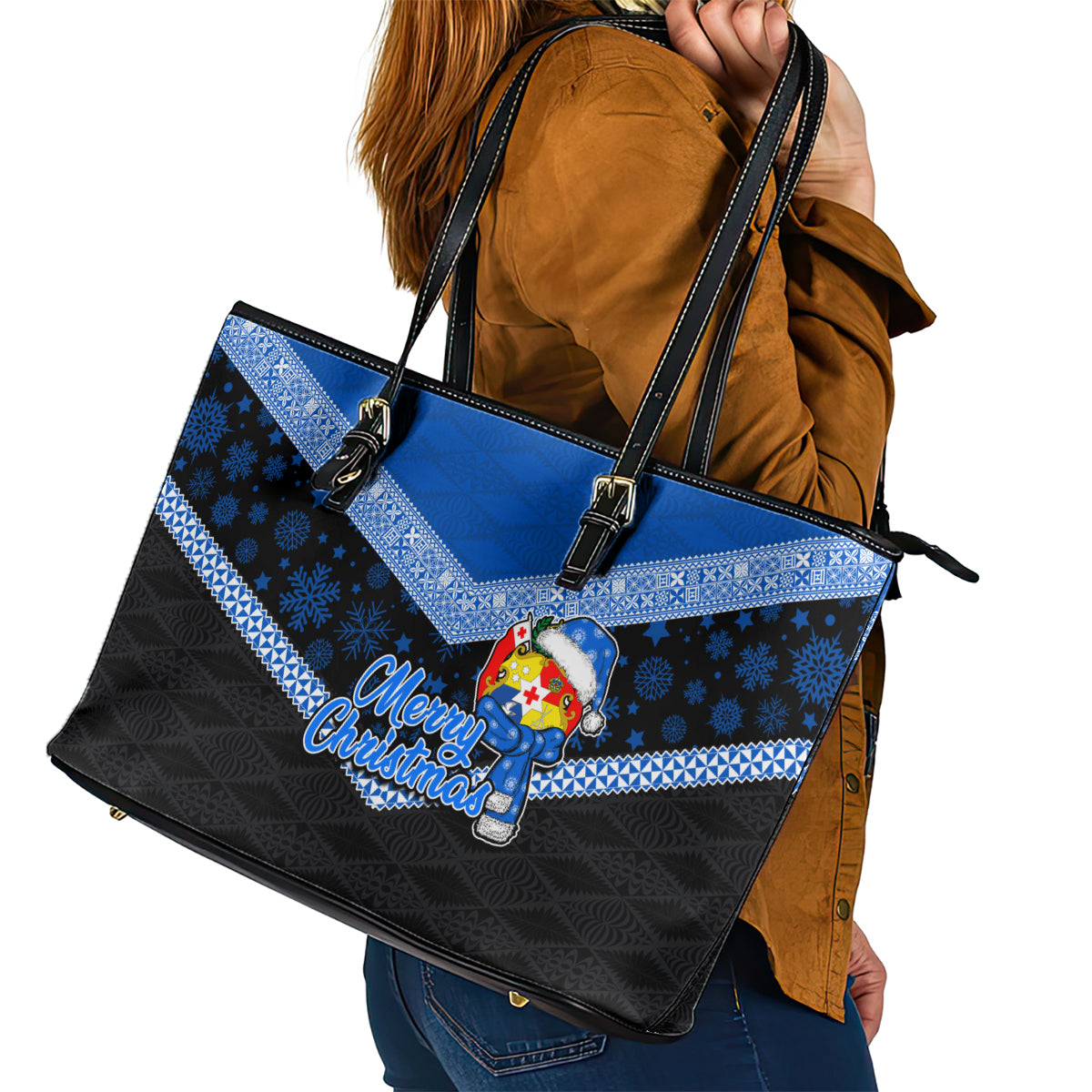 Tonga Christmas Leather Tote Bag Tongan Coat of Arms Santa With Ngatu Pattern Christmas Blue Style LT03 - Polynesian Pride