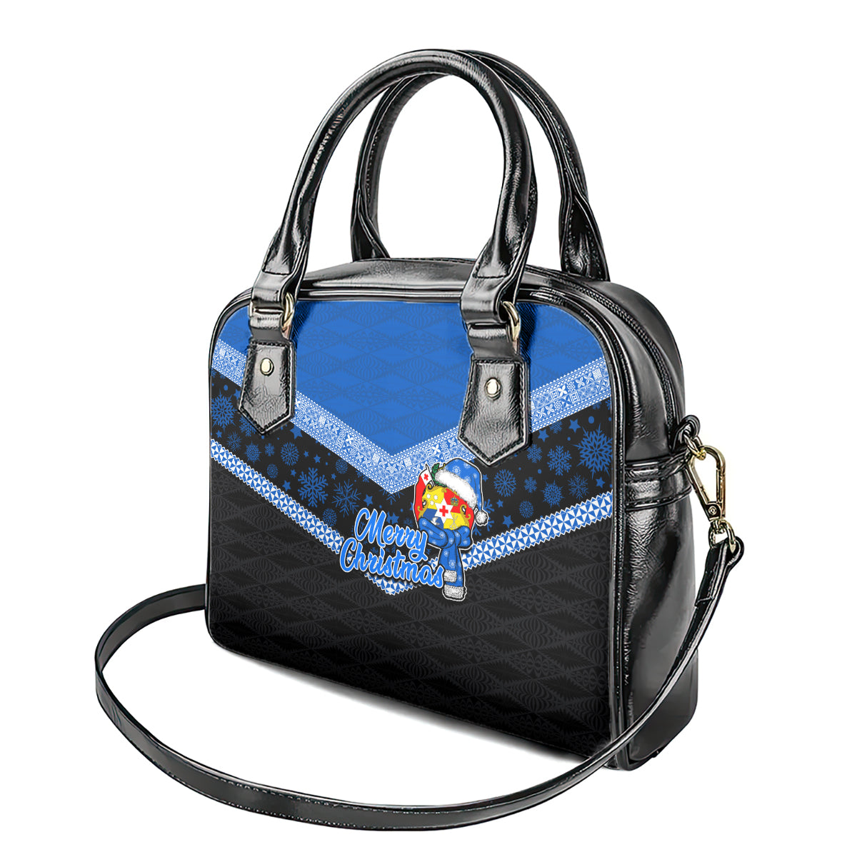 Tonga Christmas Shoulder Handbag Tongan Coat of Arms Santa With Ngatu Pattern Christmas Blue Style LT03 - Polynesian Pride