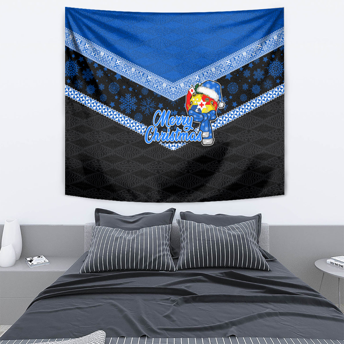 Tonga Christmas Tapestry Tongan Coat of Arms Santa With Ngatu Pattern Christmas Blue Style LT03 - Polynesian Pride