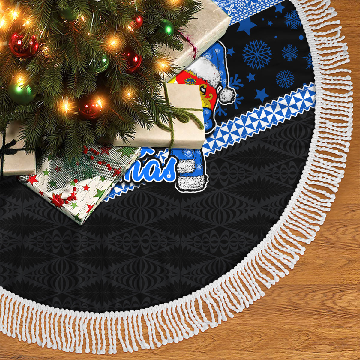 Tonga Christmas Tree Skirt Tonga Coat of Arms with Seamless Tapa Ngatu Pattern Xmas Blue Style LT03 - Polynesian Pride