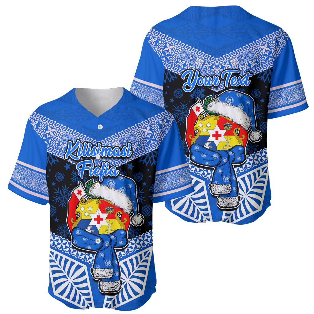 Personalised Tonga Christmas Baseball Jersey Tongan Coat of Arms Santa With Ngatu Pattern Christmas Blue Style LT03 - Polynesian Pride