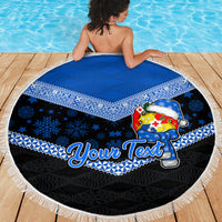 Personalised Tonga Christmas Beach Blanket Tongan Coat of Arms Santa With Ngatu Pattern Christmas Blue Style LT03 - Wonder Print Shop