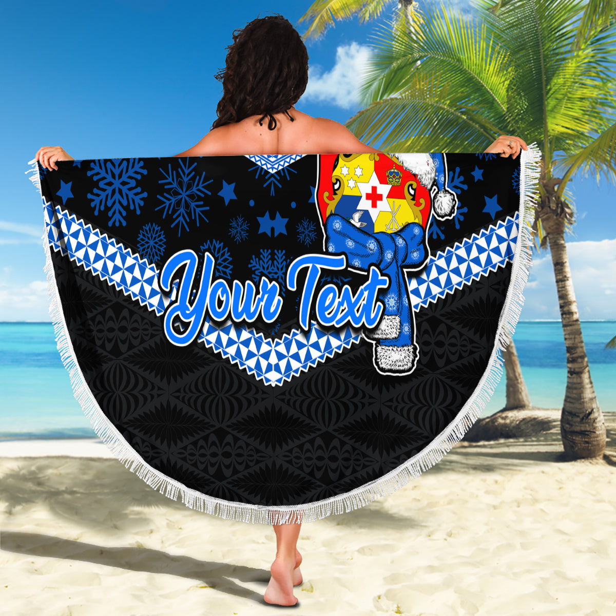 Personalised Tonga Christmas Beach Blanket Tongan Coat of Arms Santa With Ngatu Pattern Christmas Blue Style LT03 - Wonder Print Shop