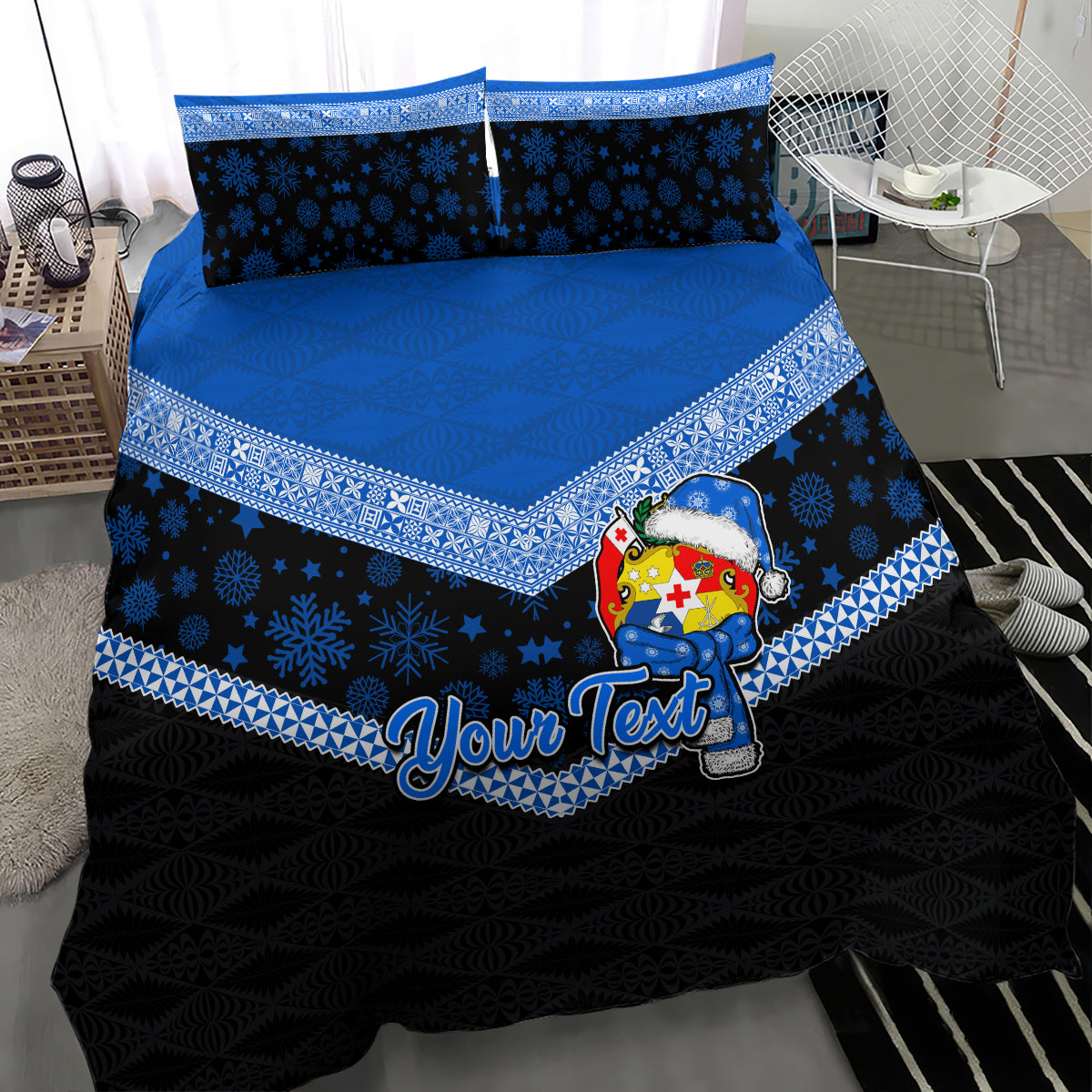 Personalised Tonga Christmas Bedding Set Tongan Coat of Arms Santa With Ngatu Pattern Christmas Blue Style LT03 - Polynesian Pride