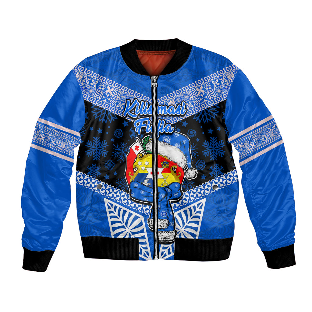 Personalised Tonga Christmas Bomber Jacket Tongan Coat of Arms Santa With Ngatu Pattern Christmas Blue Style LT03 Unisex Blue - Polynesian Pride