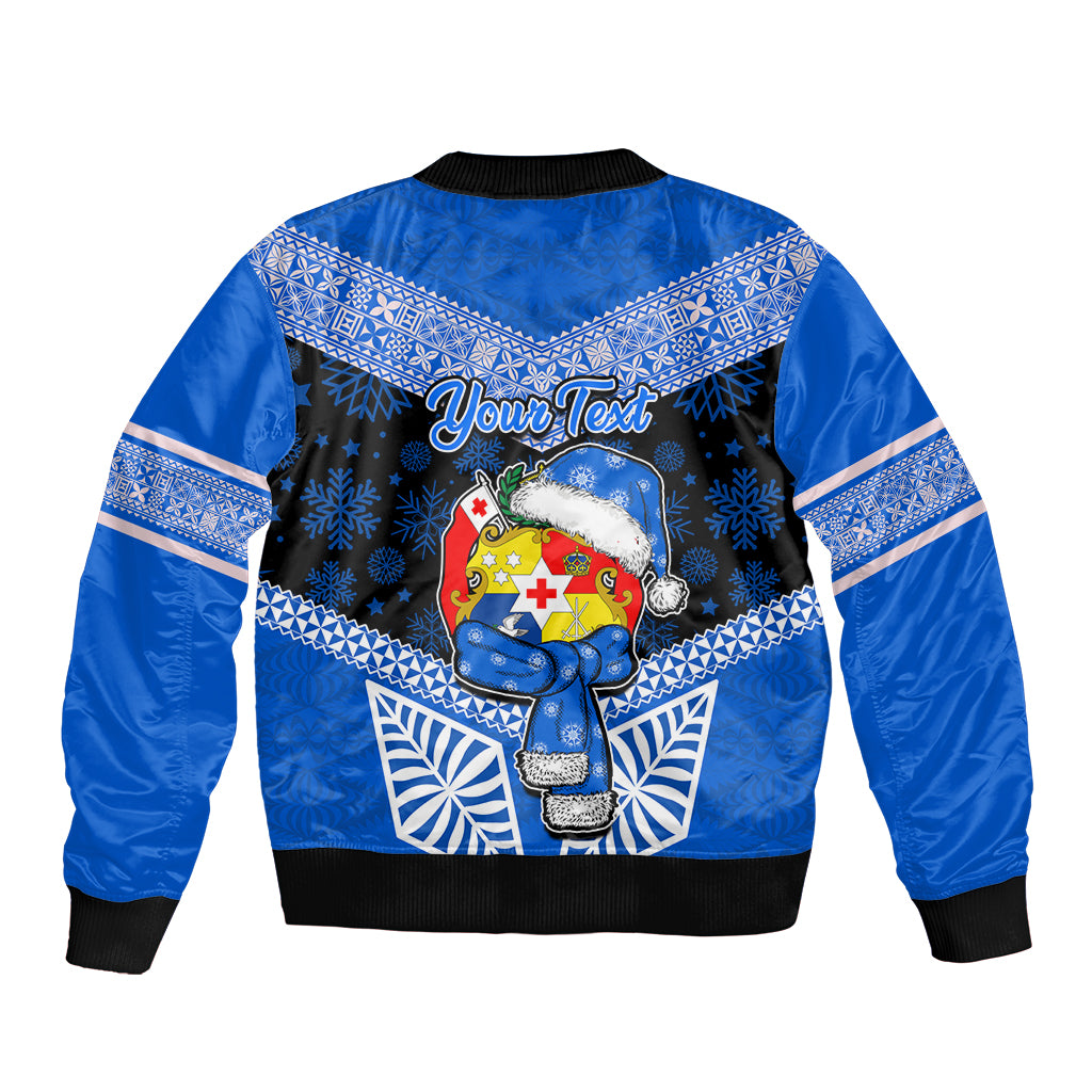 Personalised Tonga Christmas Bomber Jacket Tongan Coat of Arms Santa With Ngatu Pattern Christmas Blue Style LT03 - Polynesian Pride