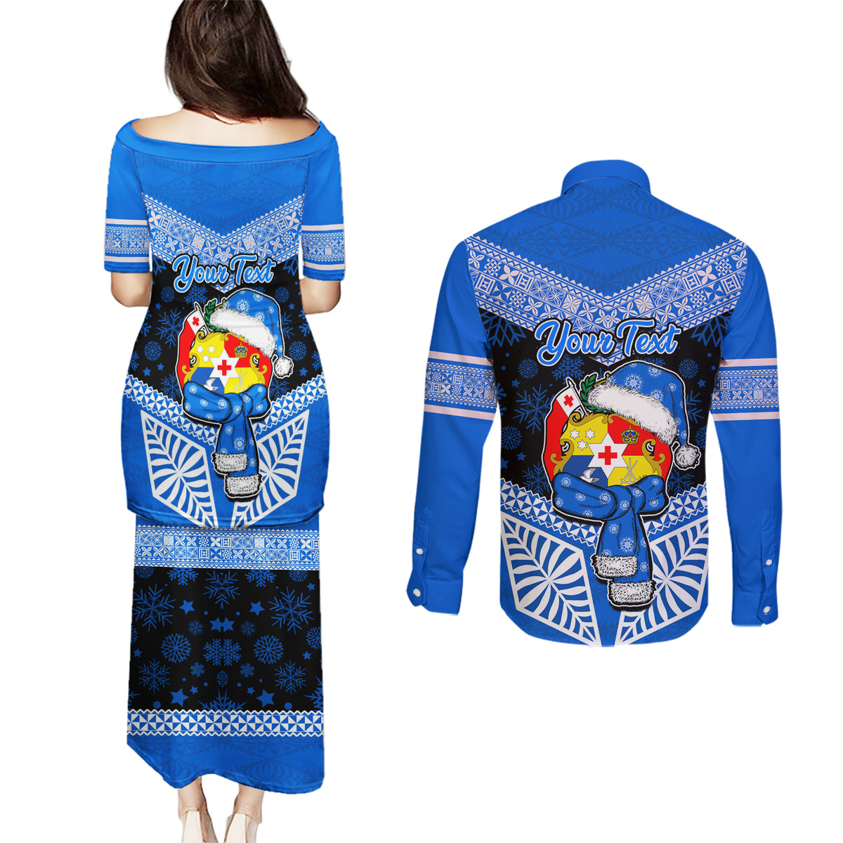 Personalised Tonga Christmas Couples Matching Puletasi Dress and Long Sleeve Button Shirts Tongan Coat of Arms Santa With Ngatu Pattern Christmas Blue Style LT03 - Polynesian Pride