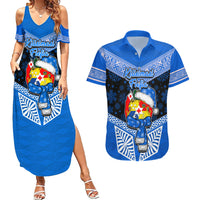 Personalised Tonga Christmas Couples Matching Summer Maxi Dress and Hawaiian Shirt Tongan Coat of Arms Santa With Ngatu Pattern Christmas Blue Style LT03 Blue - Polynesian Pride