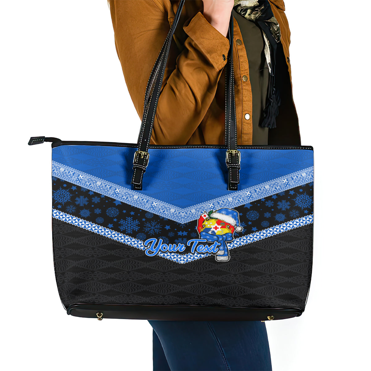 Personalised Tonga Christmas Leather Tote Bag Tongan Coat of Arms Santa With Ngatu Pattern Christmas Blue Style LT03 - Polynesian Pride