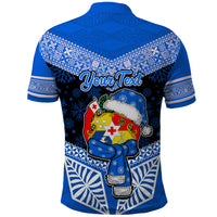 Personalised Tonga Christmas Polo Shirt Tongan Coat of Arms Santa With Ngatu Pattern Christmas Blue Style LT03 - Polynesian Pride