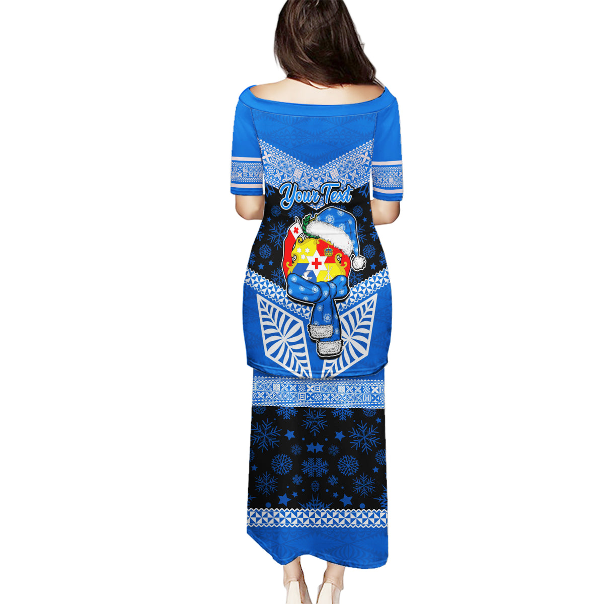 Personalised Tonga Christmas Puletasi Tongan Coat of Arms Santa With Ngatu Pattern Christmas Blue Style LT03 - Polynesian Pride